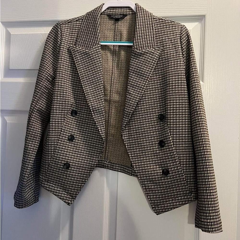 Liverpool Black and White Blazer with Cropped Fit and Wide Notched Lapels
